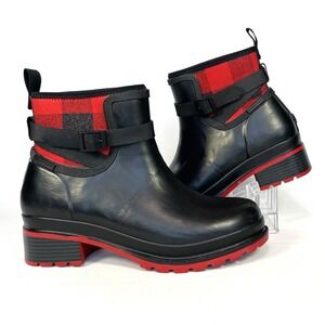 Muck Liberty Ankle Rain Boots Womens 10 Black Red Plaid Waterproof Rubber